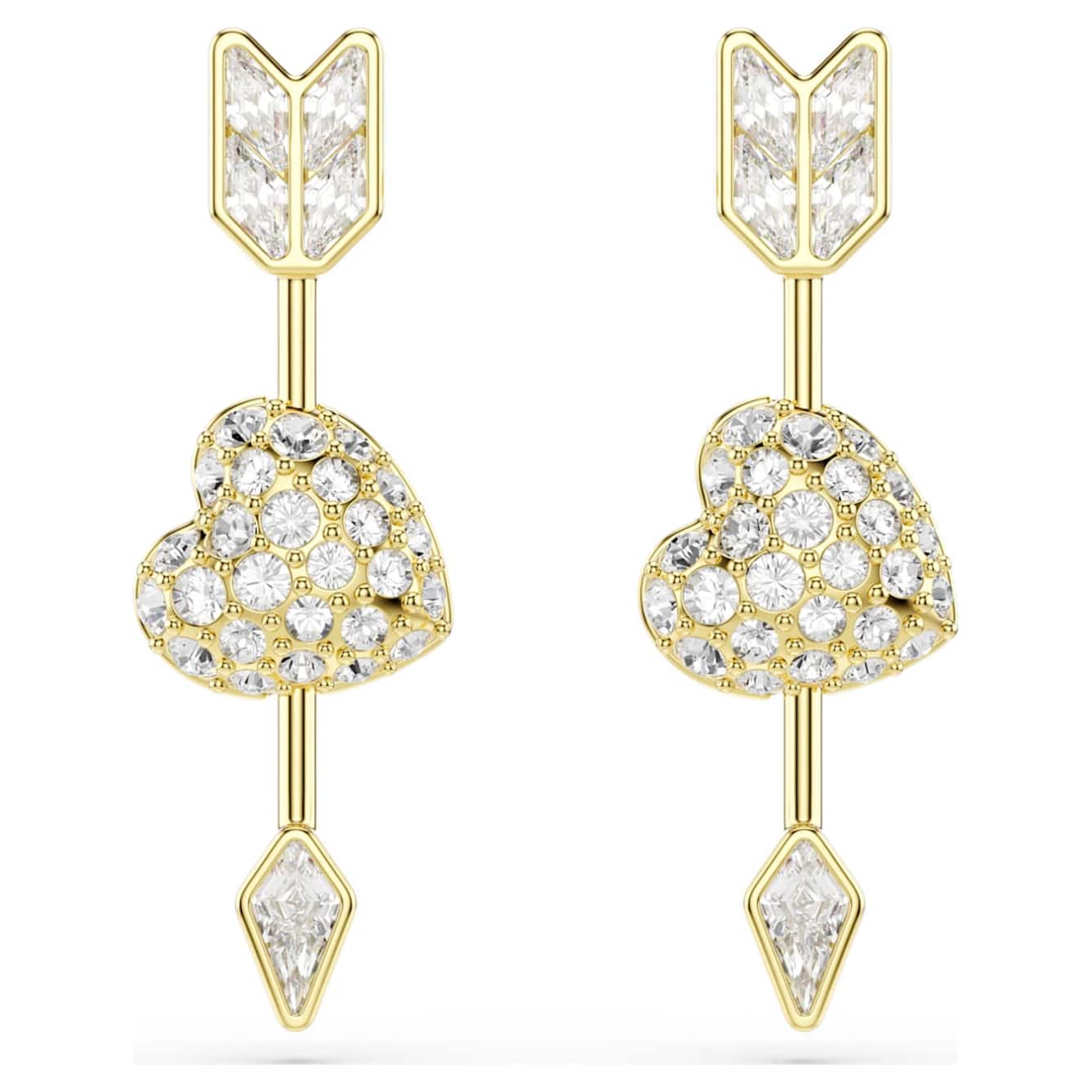 Swarovski Idyllia Drop Earrings, Mixed cuts, Heart with arrow, White, Gold-tone plated -Swarovski