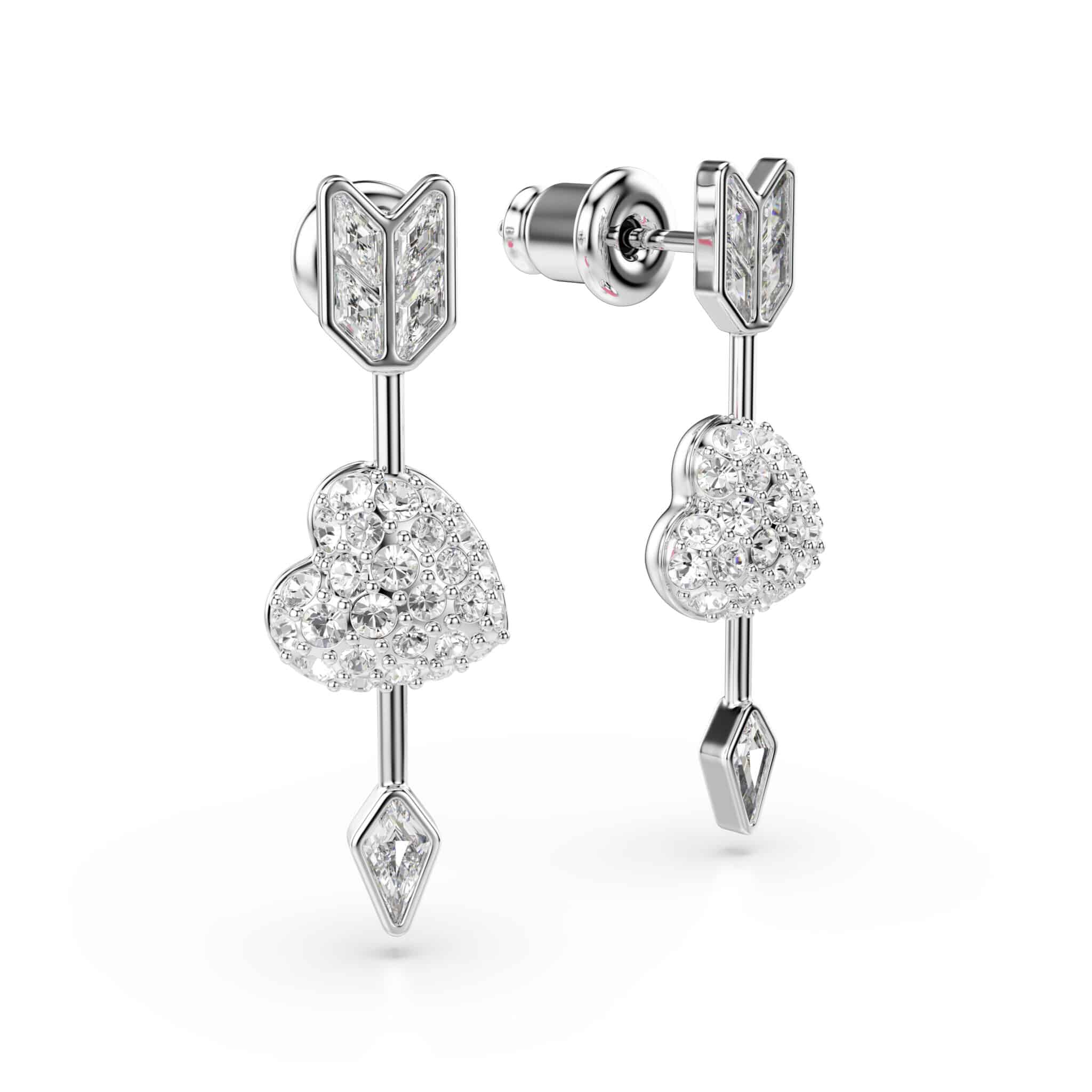 Swarovski Idyllia Drop Earrings, Mixed cuts, Heart with arrow, White, Rhodium plated -Swarovski