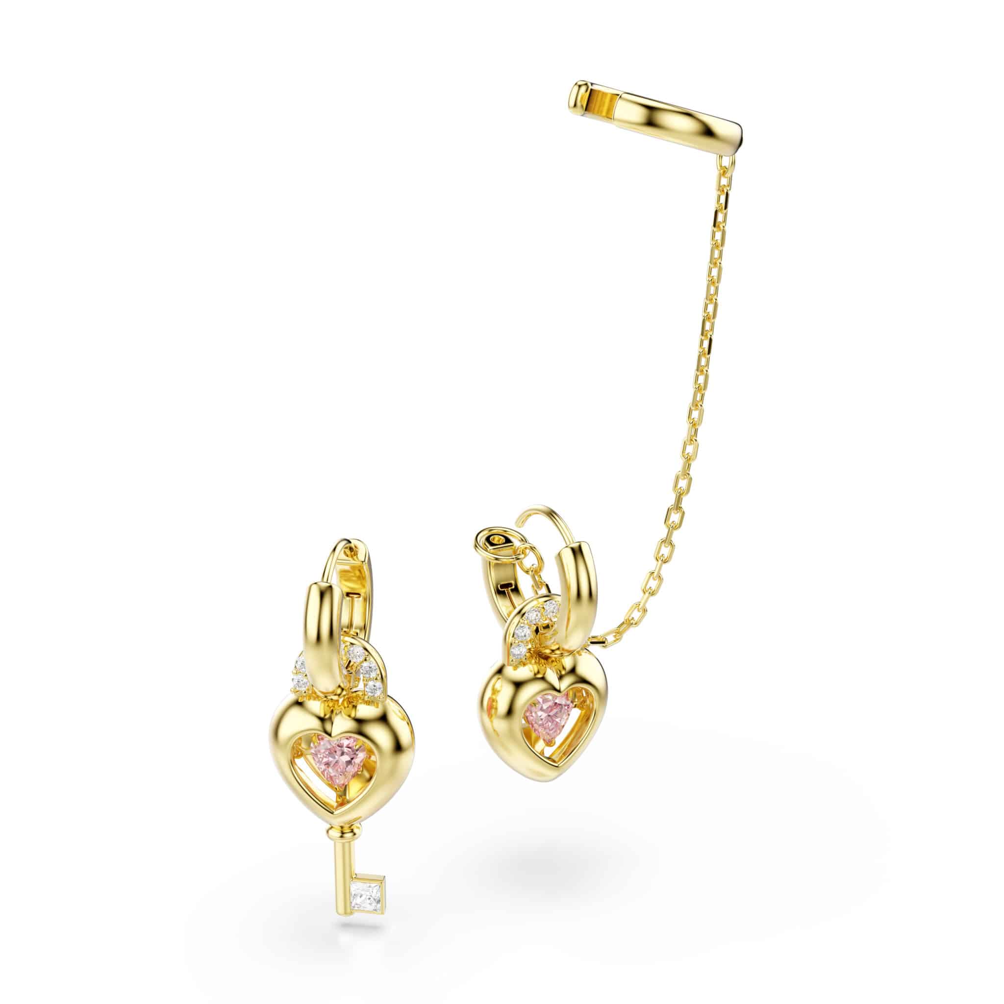 Swarovski Idyllia Drop Earrings with ear Cuff, Mixed cuts, Heart with key, Pink, Gold-tone plated -Swarovski