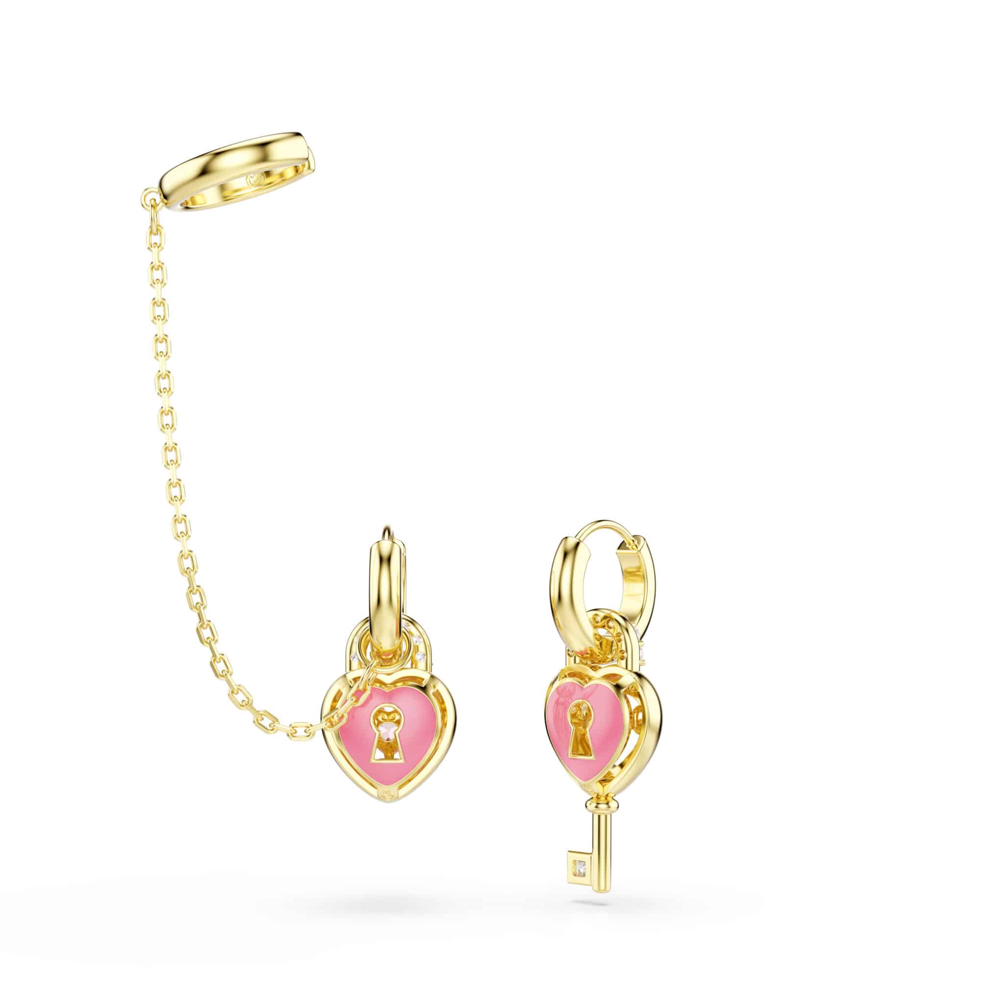 Swarovski Idyllia Drop Earrings with ear Cuff, Mixed cuts, Heart with key, Pink, Gold-tone plated -Swarovski