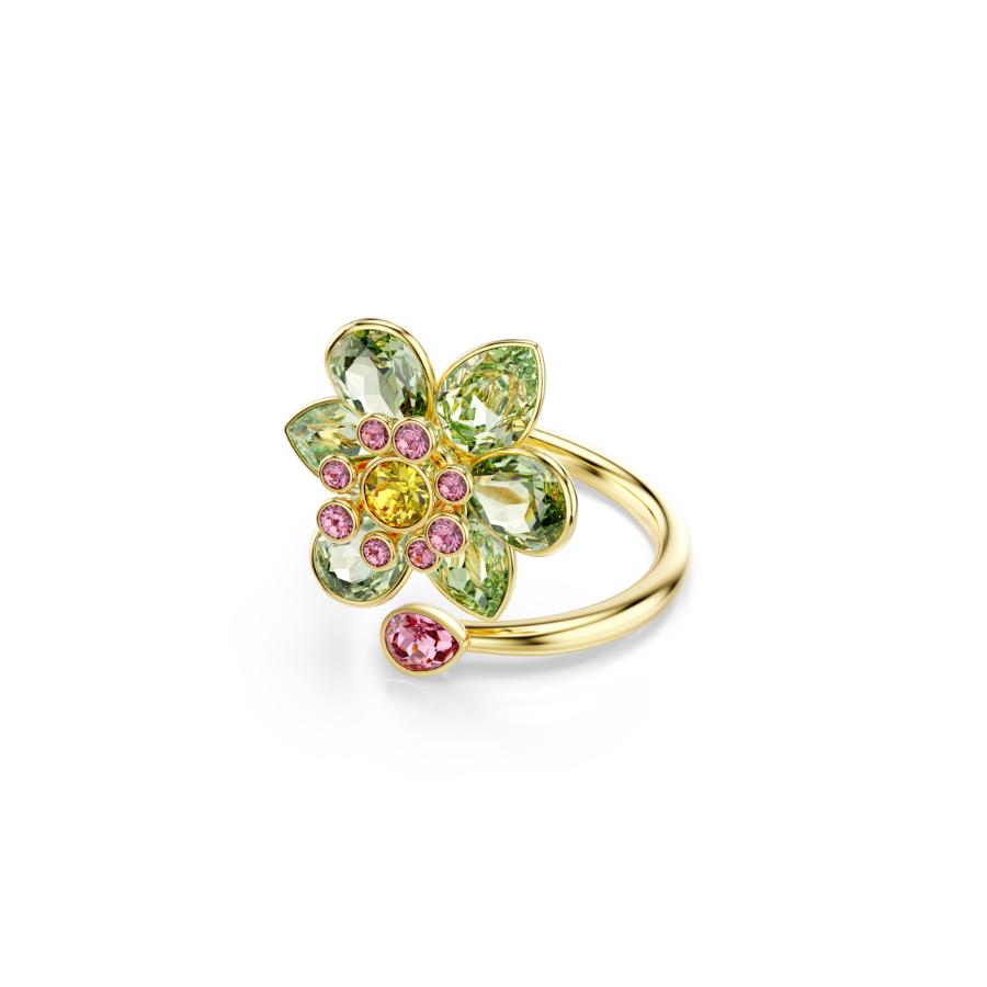 Swarovski Idyllia Open Ring, Mixed Cuts, Flower, Green, Gold-tone Plated -Swarovski