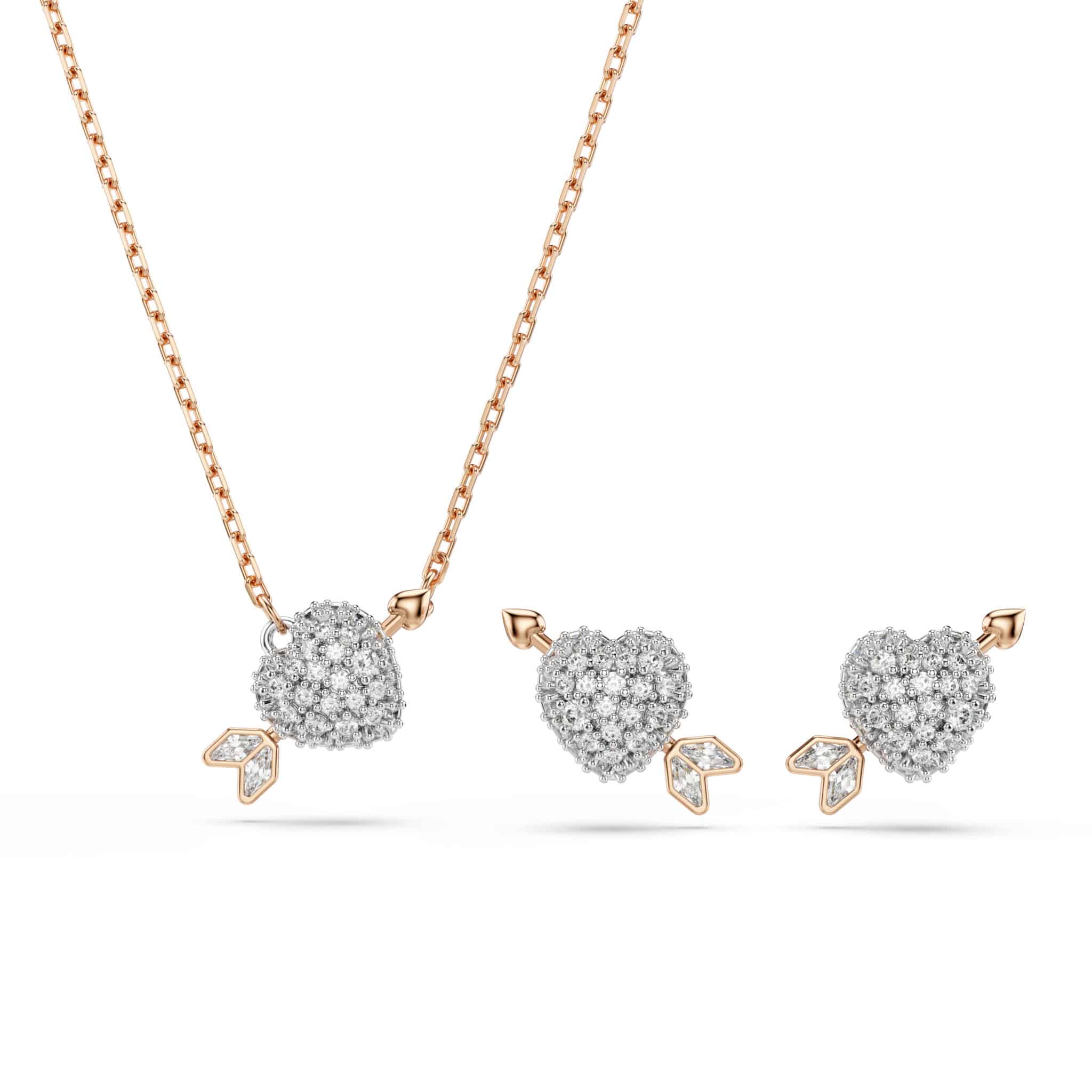 Swarovski Idyllia set, Mixed cuts, Heart with arrow, White, Rose gold-tone plated -Swarovski