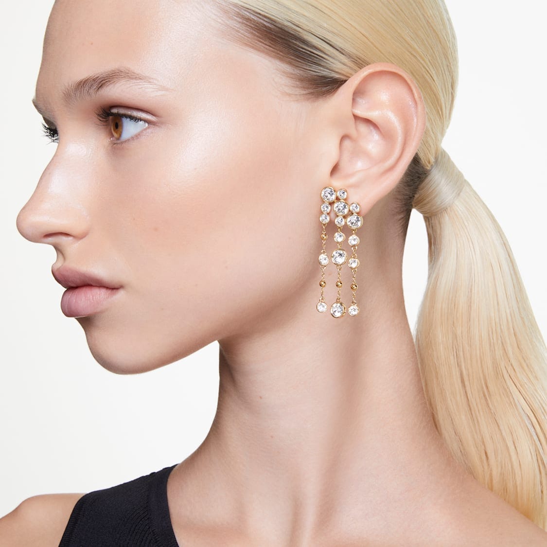 Swarovski Imber Drop Earrings Round Cut, Chandelier, White, Gold-Tone Plated -Swarovski