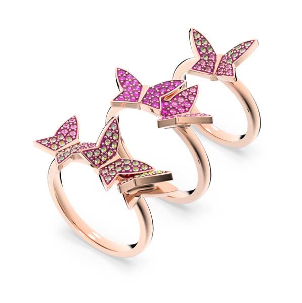 Swarovski Lilia Ring set (3), Butterfly, Pink, Rose-gold tone plated -Swarovski