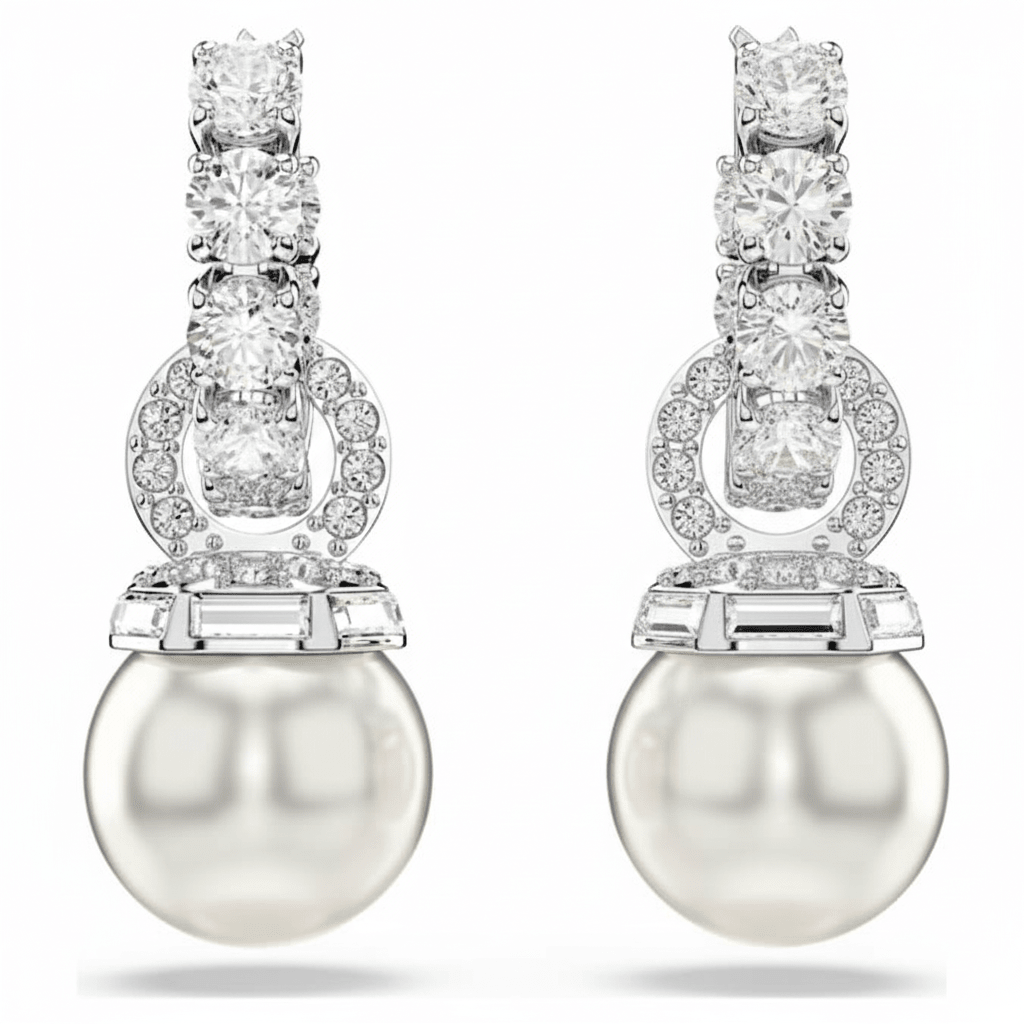 Swarovski Matrix drop earrings Crystal pearl, White, Rhodium plated -Swarovski