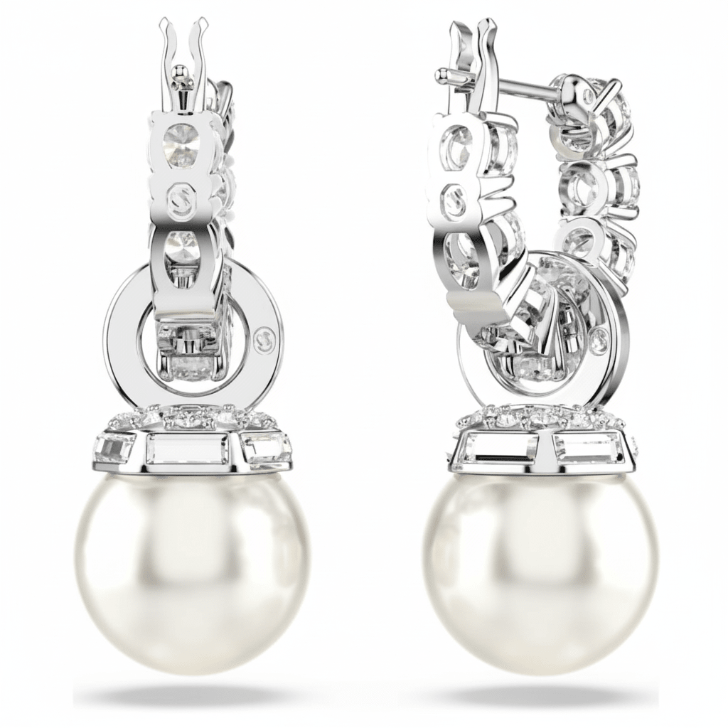 Swarovski Matrix drop earrings Crystal pearl, White, Rhodium plated -Swarovski
