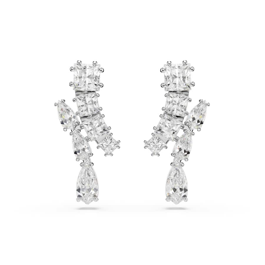 Swarovski Matrix Drop Earrings, Mixed Cuts, White, Rhodium Plated -Swarovski