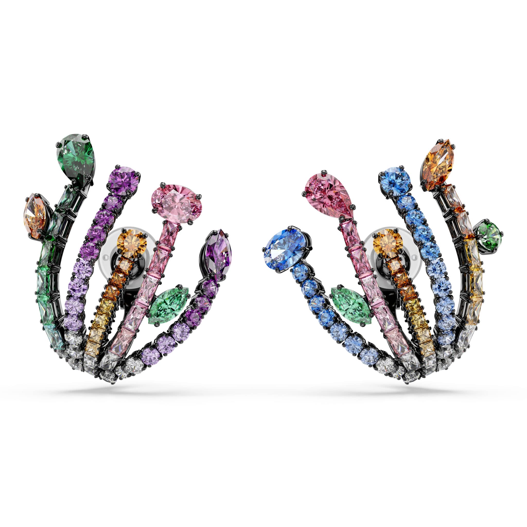 Swarovski Matrix Earrings, Mixed cuts, Bouquet, Multicolored, Ruthenium plated -Swarovski