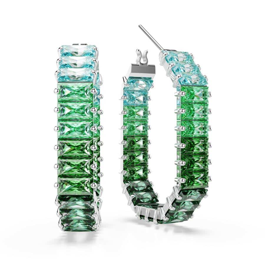 Swarovski Matrix Hoop Earrings, Baguette Cut, Green, Rhodium Plated -Swarovski