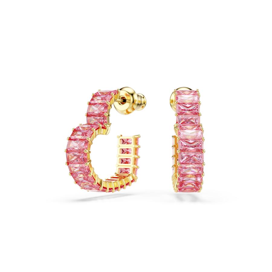 Swarovski Matrix Hoop Earrings, Baguette Cut, Heart, Small, Pink, Gold-tone Plated -Swarovski