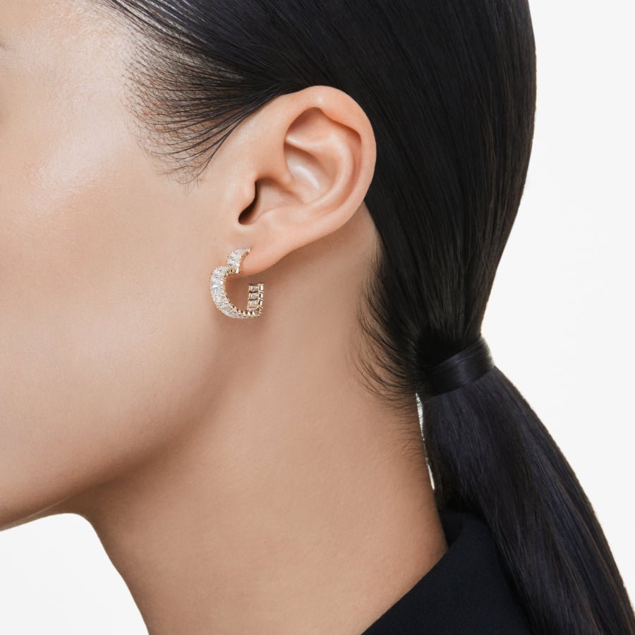 Swarovski Matrix Hoop Earrings, Baguette Cut, Heart, Small, White, Gold-Tone Plated -Swarovski