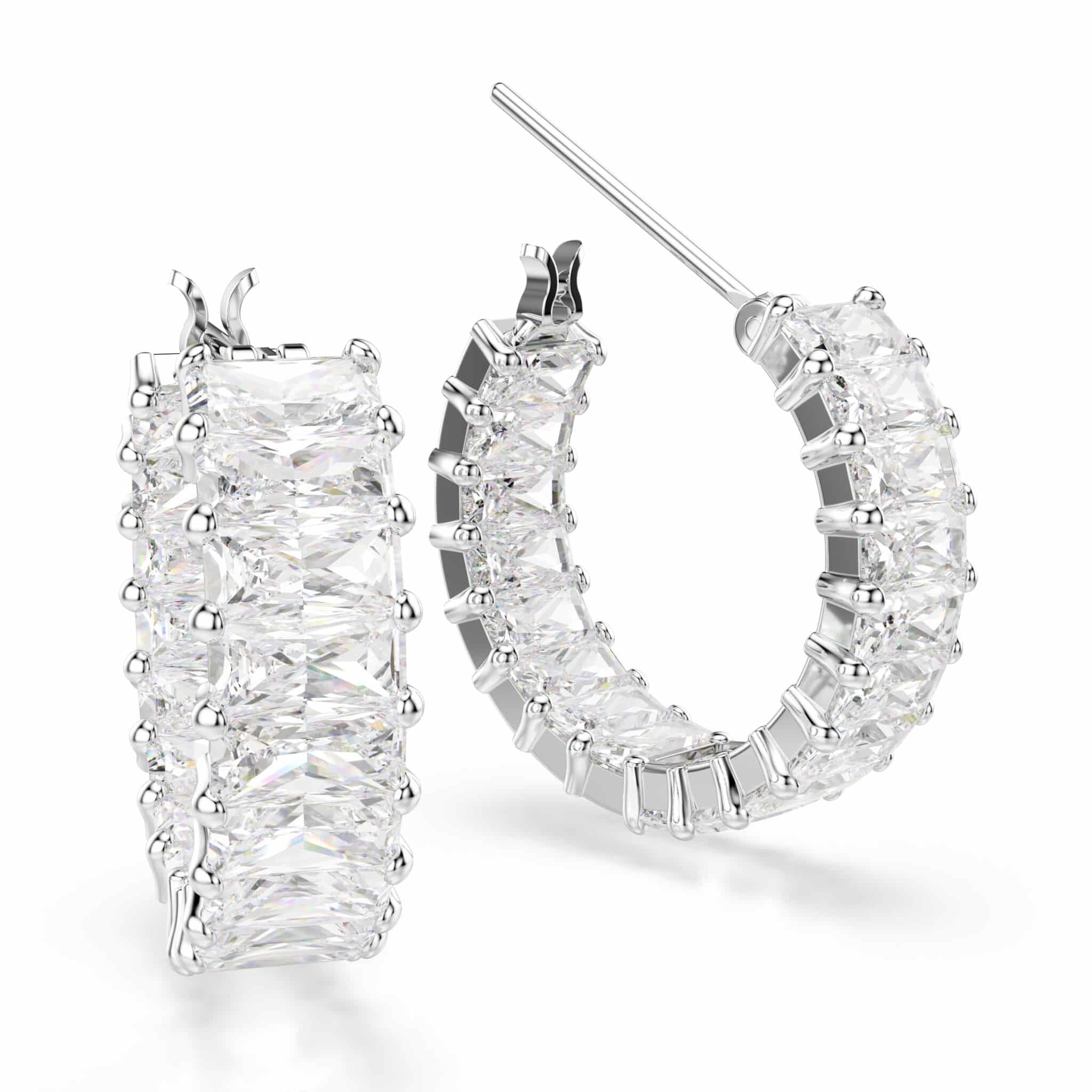 Swarovski Matrix Hoop Earrings, Baguette Cut, White, Rhodium Plated -Swarovski