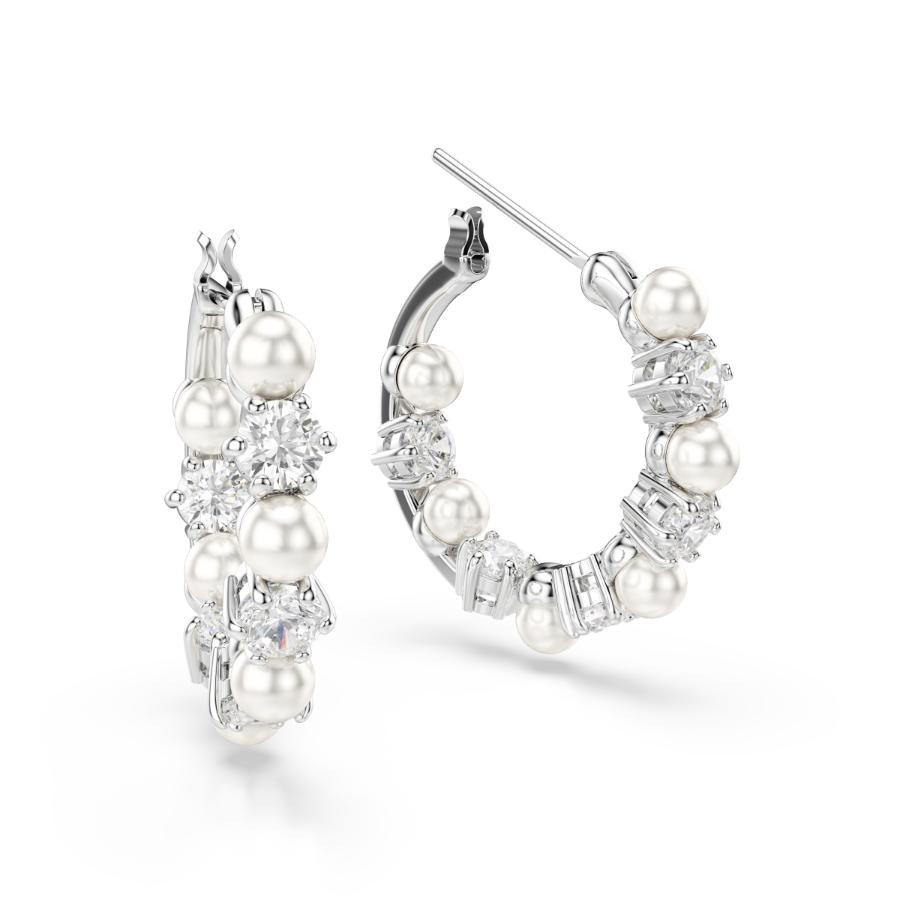 Swarovski Matrix Hoop Earrings, Crystal Pearl, Round Cut, White, Rhodium Plated -Swarovski