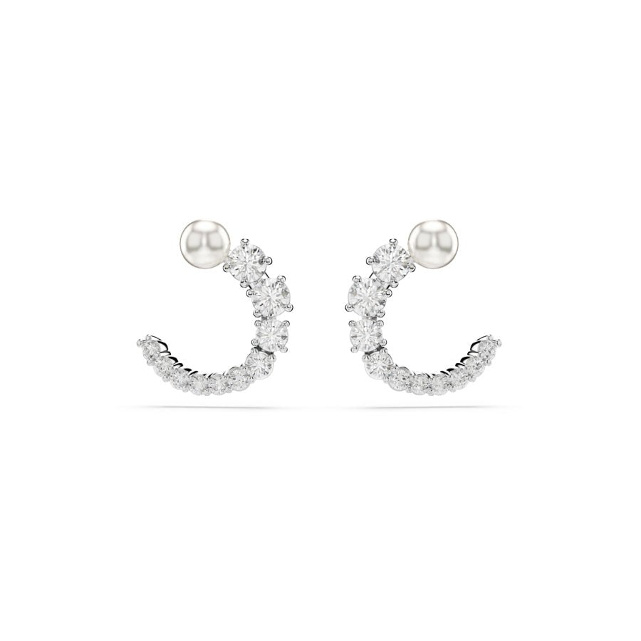 Swarovski Matrix Hoop Earrings, Crystal Pearl, Round Cut, White, Rhodium Plated -Swarovski