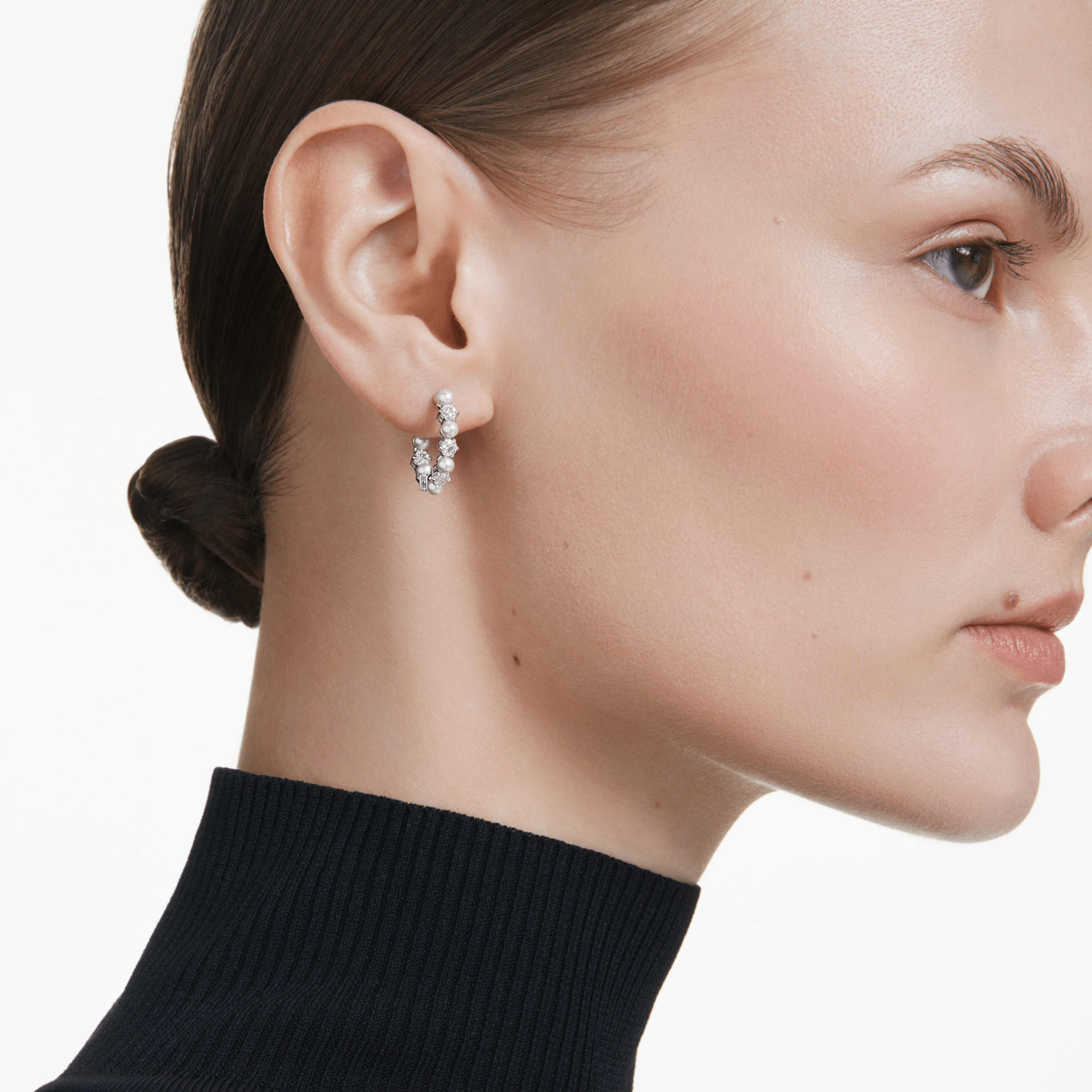 Swarovski Matrix Hoop Earrings, Crystal Pearl, Round Cut, White, Rhodium Plated -Swarovski
