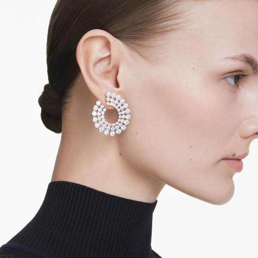 Swarovski Matrix Hoop Earrings, Mixed Round Cuts, White, Rhodium Plated -Swarovski