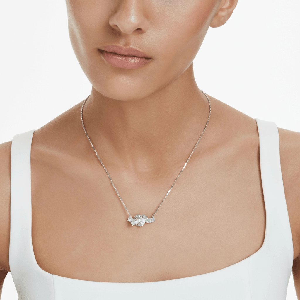 Swarovski Matrix Pendant, Baguette Cut, Knot, White, Rhodium Plated -Swarovski