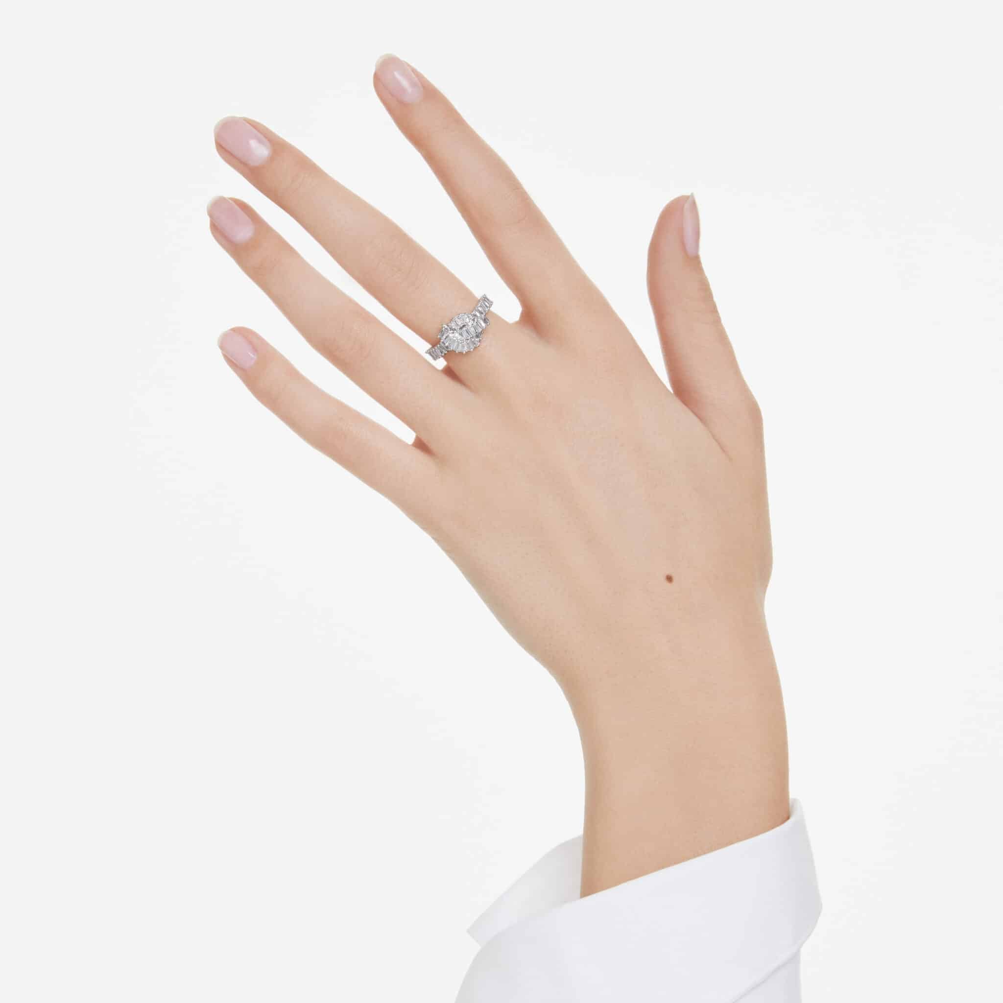 Swarovski Matrix Ring, Baguette Cut, Knot, White, Rhodium Plated -Swarovski