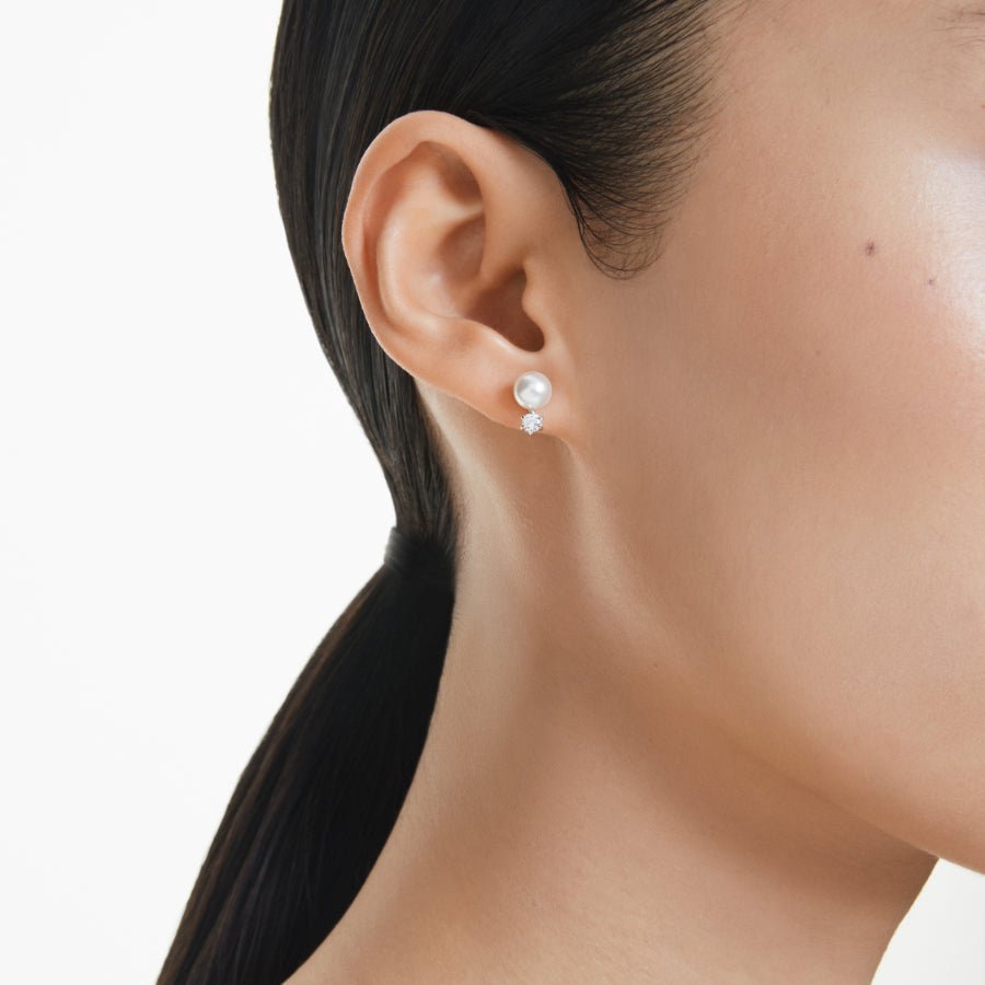 Swarovski Matrix Stud Earrings, Crystal Pearl, Round Cut, White, Rhodium Plated -Swarovski