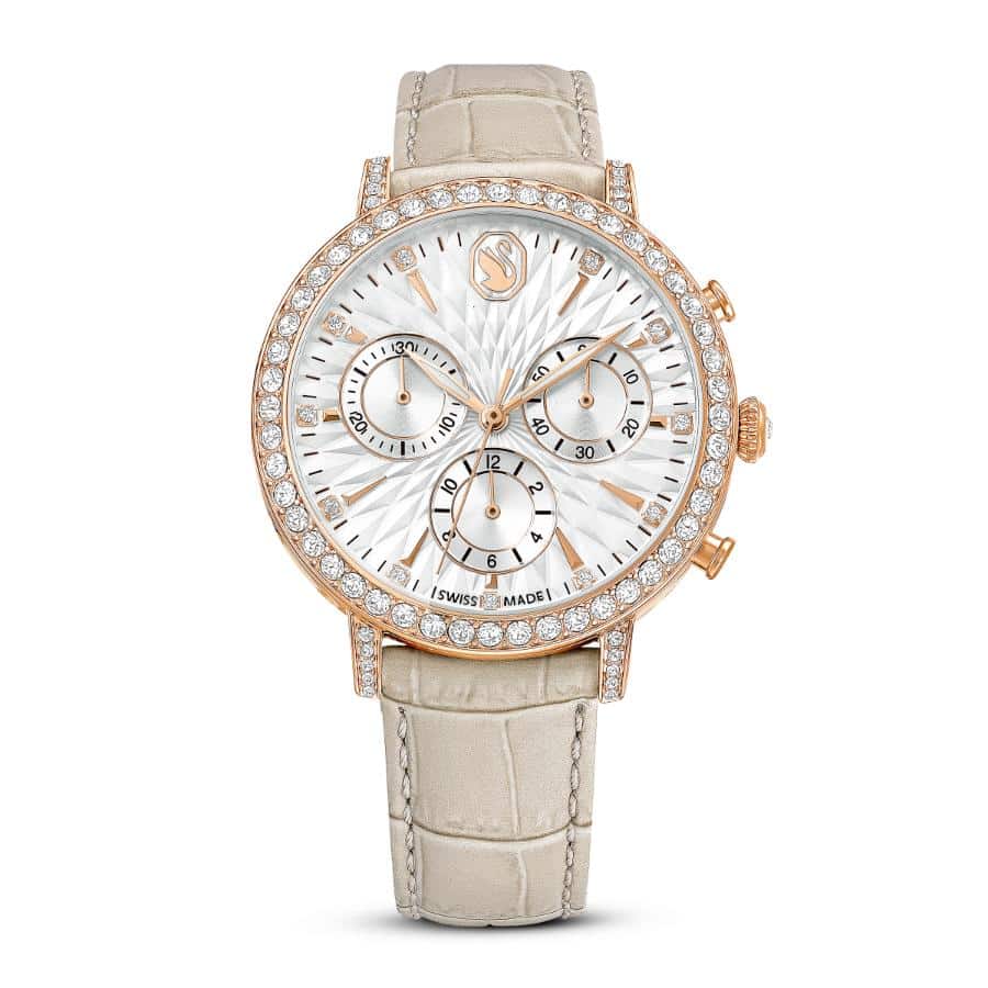 Swarovski Matrix Tennis Chrono Watch, Swiss Made, Leather strap, Beige, Rose gold-tone Finish -Swarovski