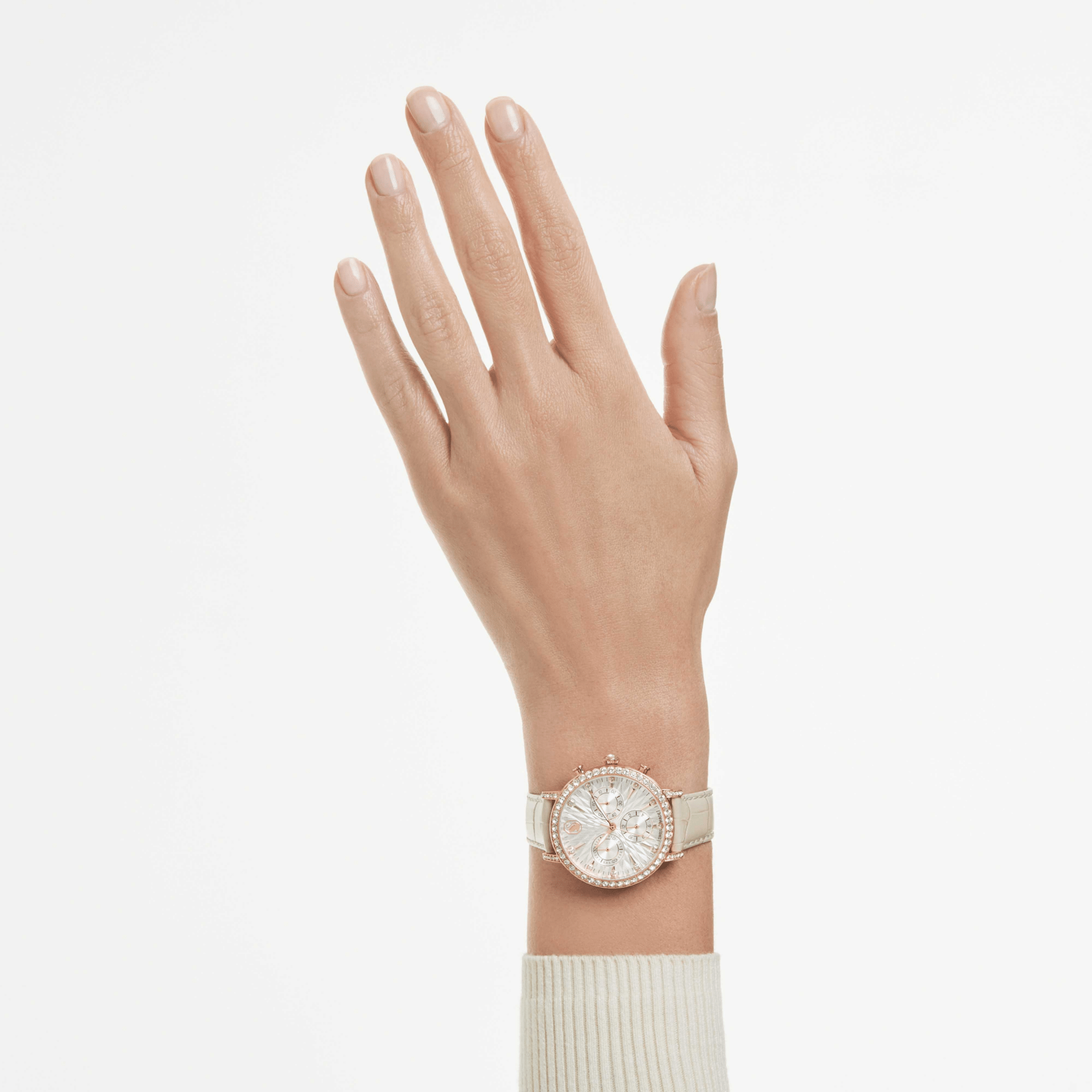 Swarovski Matrix Tennis Chrono Watch, Swiss Made, Leather strap, Beige, Rose gold-tone Finish -Swarovski