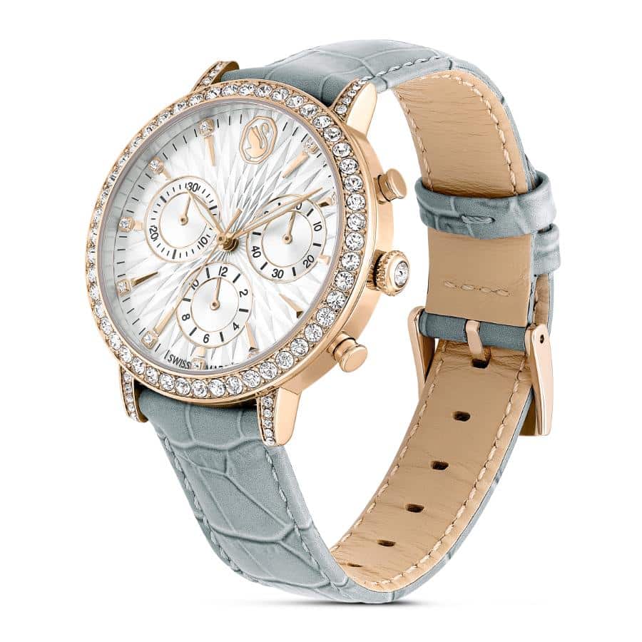Swarovski Matrix Tennis Chrono Watch, Swiss Made, Leather Strap, Gray, Champagne gold-tone Finish -Swarovski