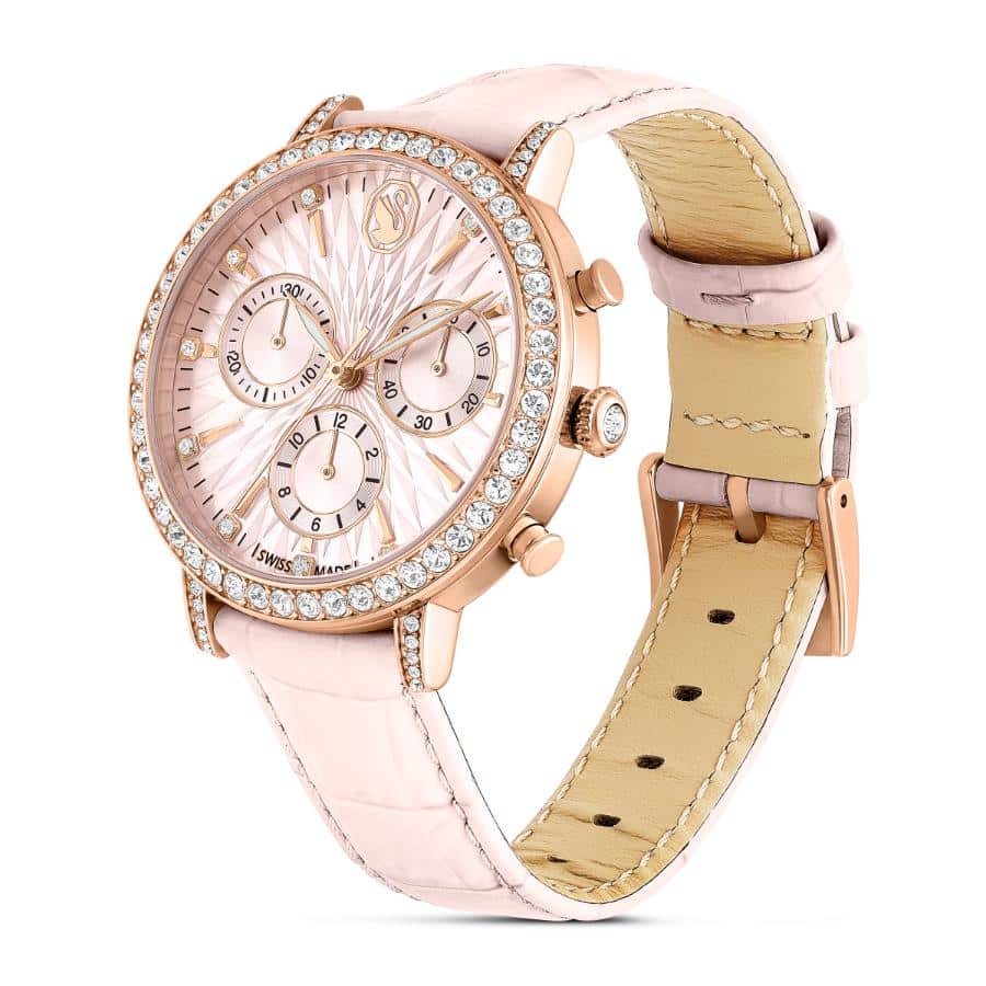 Swarovski Matrix Tennis Chrono Watch, Swiss Made, Leather Strap, Pink, Rose gold-tone Finish -Swarovski