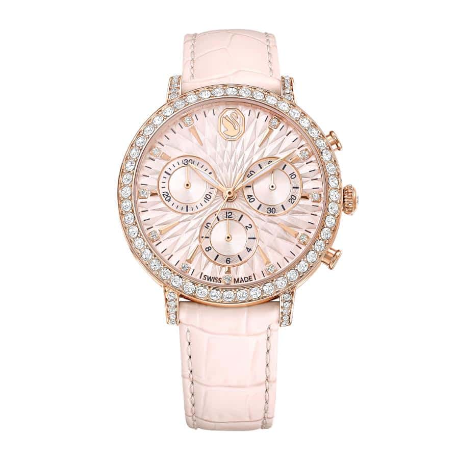 Swarovski Matrix Tennis Chrono Watch, Swiss Made, Leather Strap, Pink, Rose gold-tone Finish -Swarovski