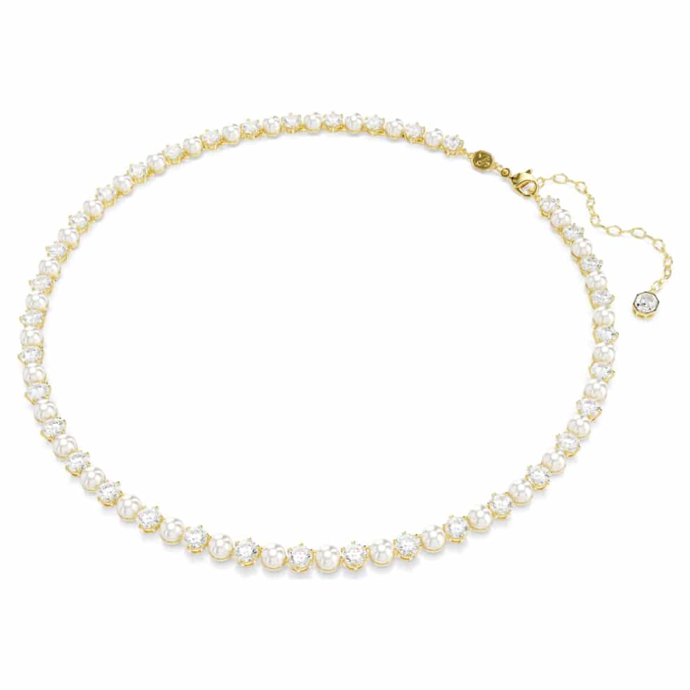 Swarovski Matrix Tennis Necklace, Crystal pearl, Round cut, White, Gold-tone plated -Swarovski