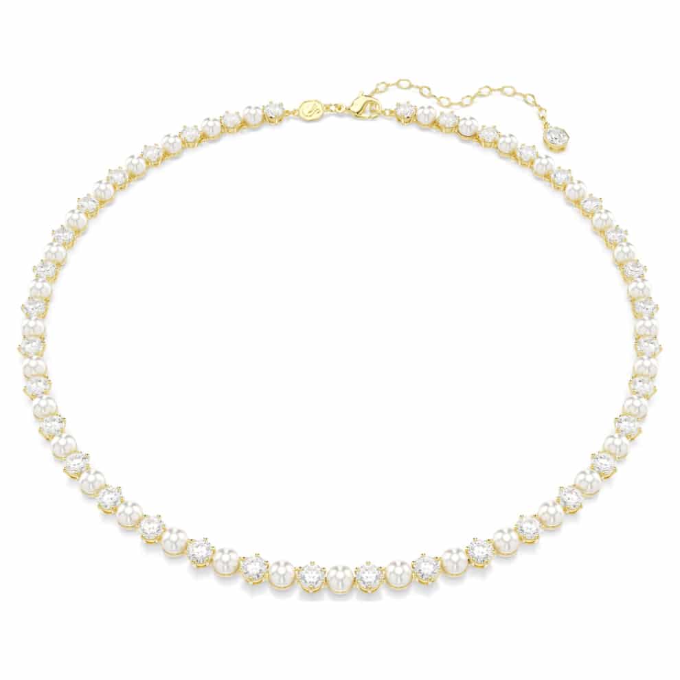 Swarovski Matrix Tennis Necklace, Crystal pearl, Round cut, White, Gold-tone plated -Swarovski