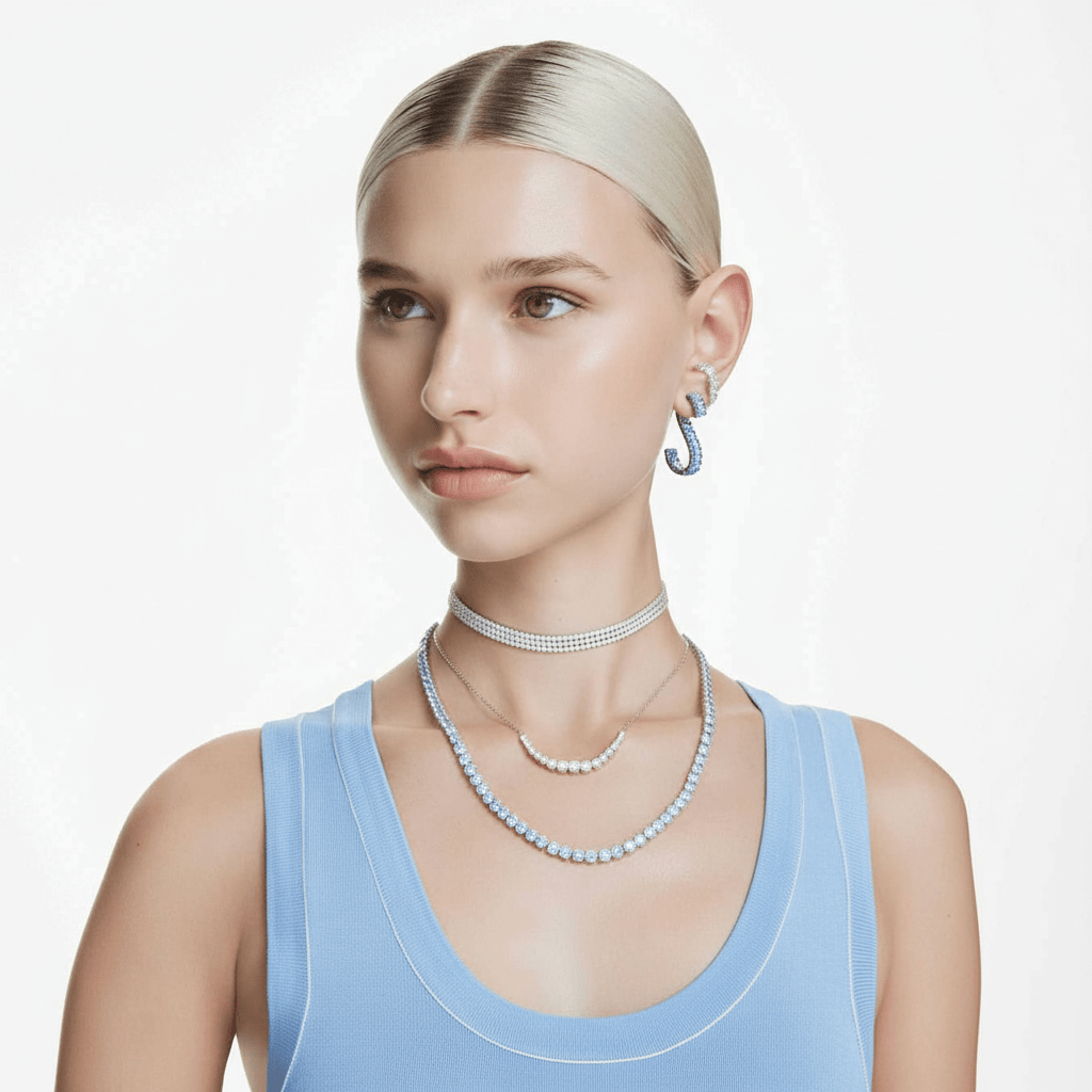 Swarovski Matrix Tennis Necklace Round Cut, Medium, Blue, Rhodium Plated -Swarovski