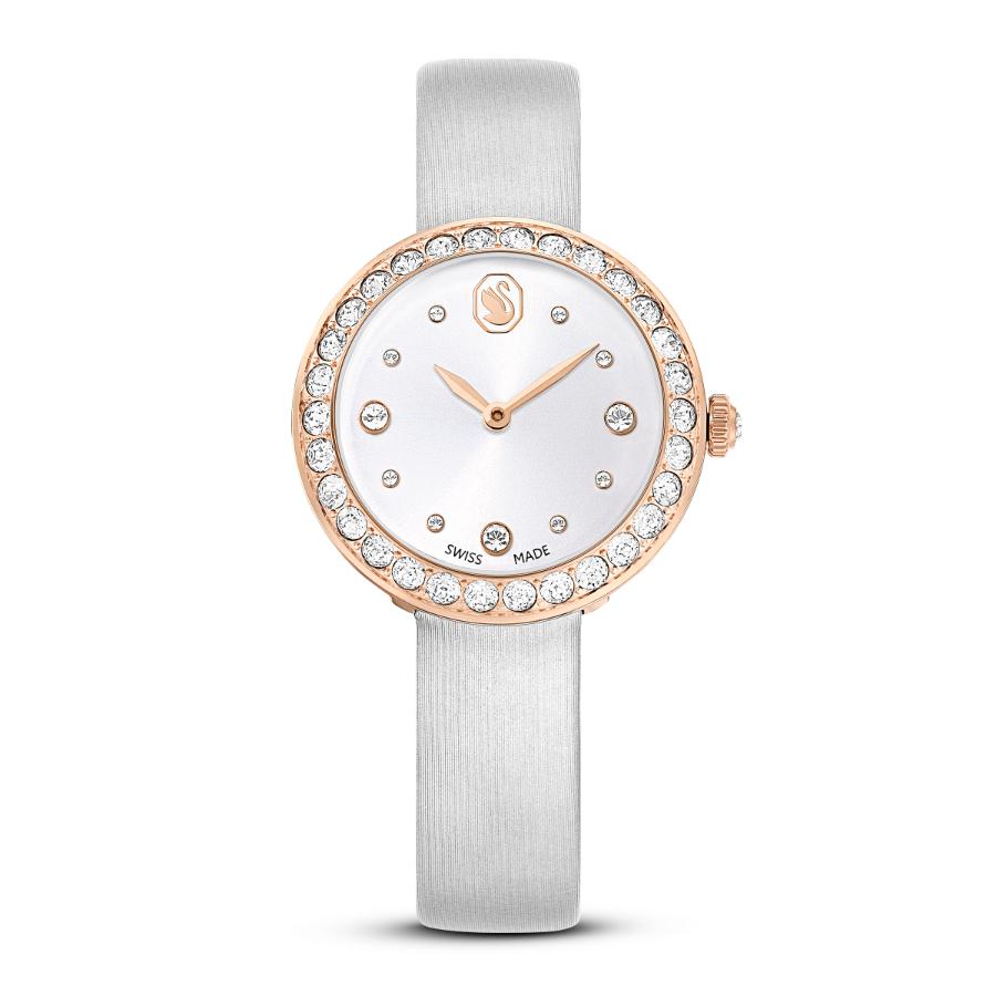 Swarovski Matrix Tennis Watch, Swiss Made, Leather Strap, Gray, Rose gold-tone Finish -Swarovski