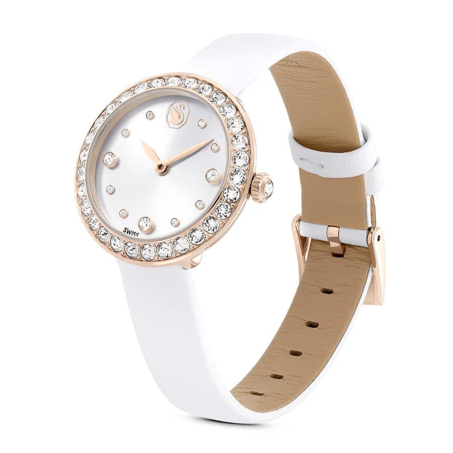 Swarovski Matrix Tennis Watch, Swiss Made, Leather Strap, White, Champagne gold-tone Finish -Swarovski
