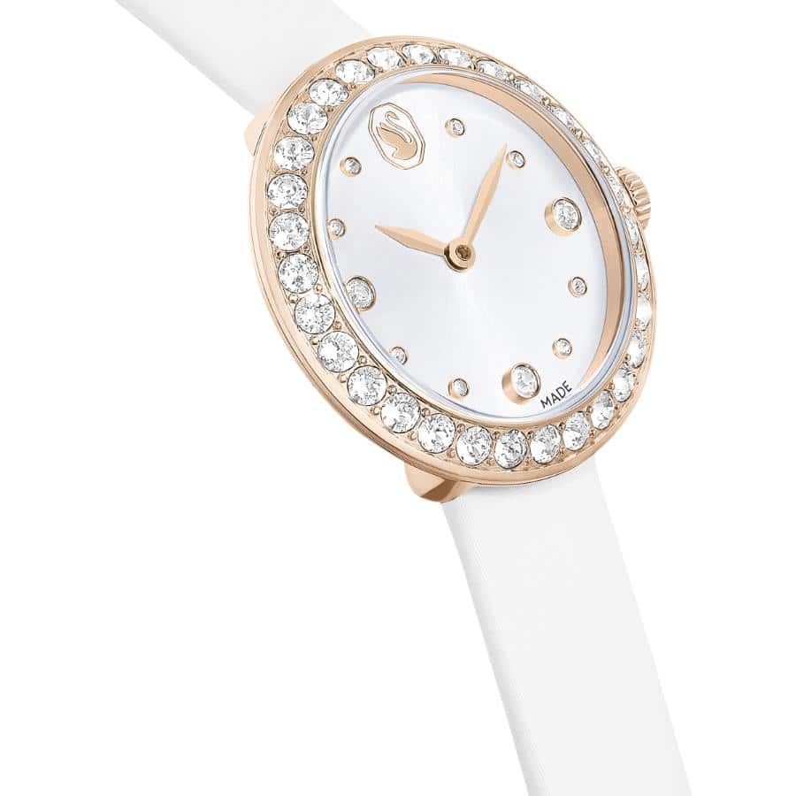 Swarovski Matrix Tennis Watch, Swiss Made, Leather Strap, White, Champagne gold-tone Finish -Swarovski