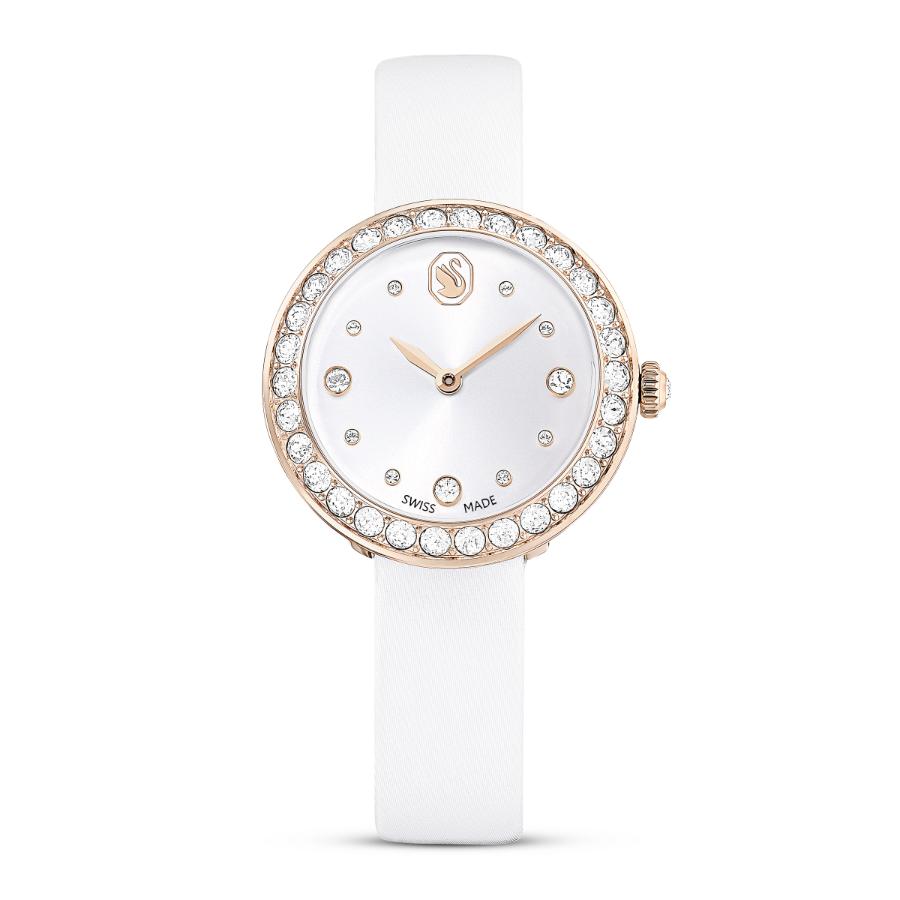 Swarovski Matrix Tennis Watch, Swiss Made, Leather Strap, White, Champagne gold-tone Finish -Swarovski