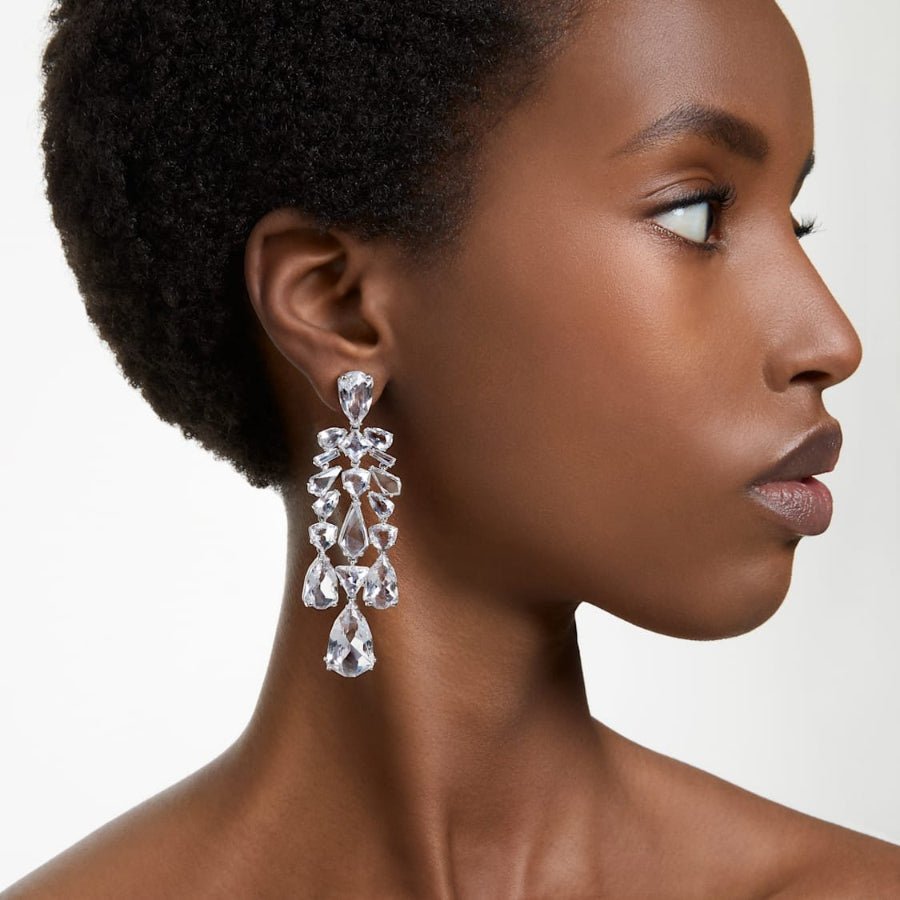 Swarovski Mesmera Clip Earrings Mixed Cuts, Chandelier, White, Rhodium Plated -Swarovski