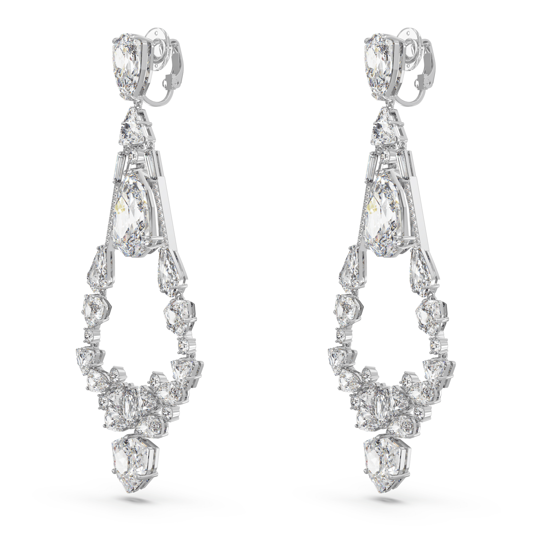 Swarovski Mesmera Clip Earrings Mixed Cuts Chandelier White, Rhodium Plated -Swarovski