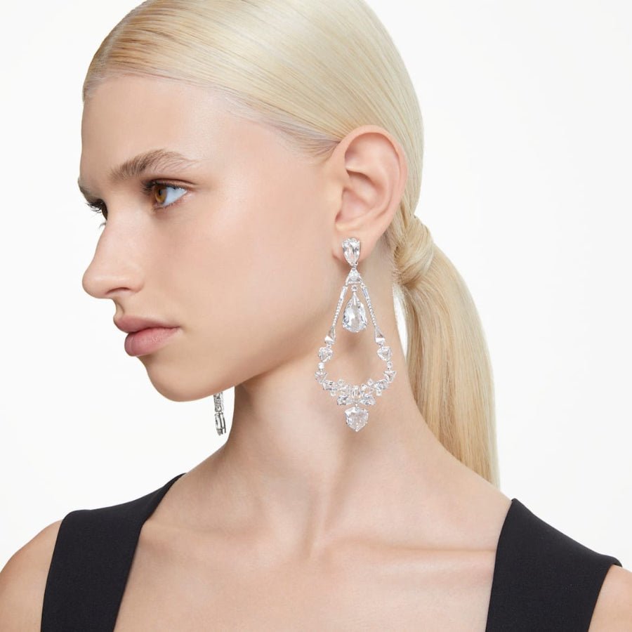 Swarovski Mesmera Clip Earrings Mixed Cuts Chandelier White, Rhodium Plated -Swarovski