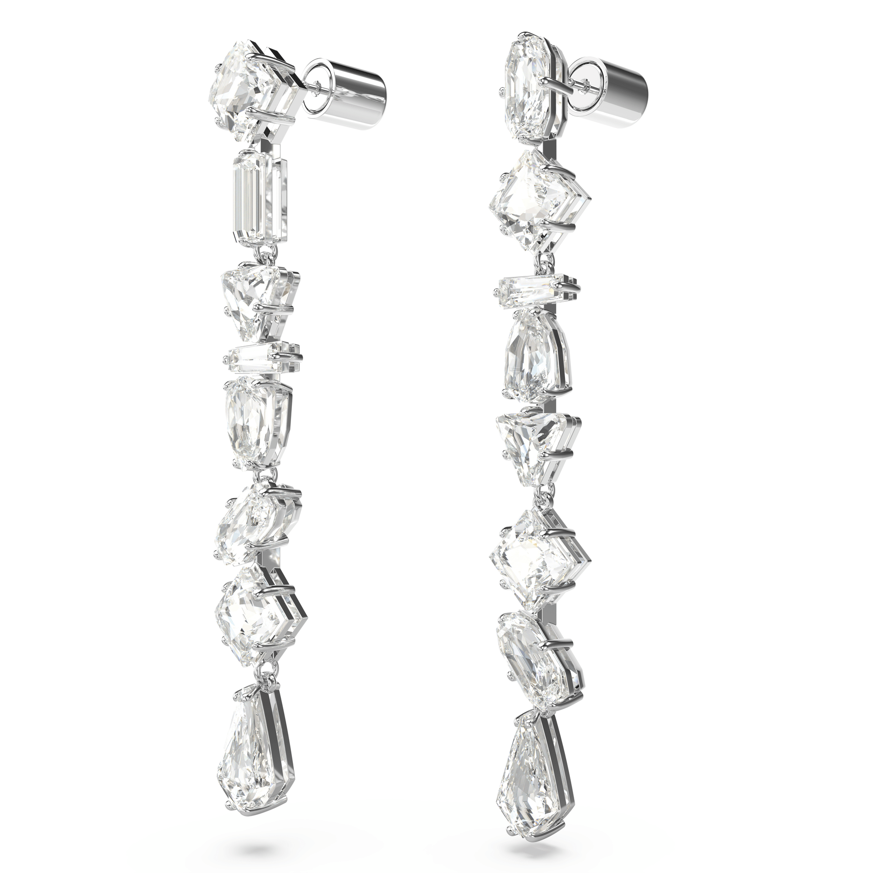 Swarovski Mesmera Drop Earrings Asymmetrical Design Mixed Cuts Long White Rhodium Plated -Swarovski