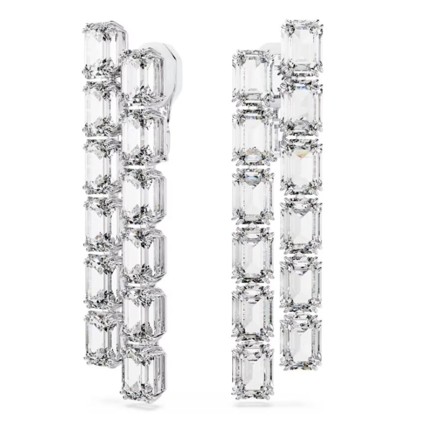 Swarovski Millenia Clip Earrings, Octagon Cut, Long, White, Rhodium Plated -Swarovski