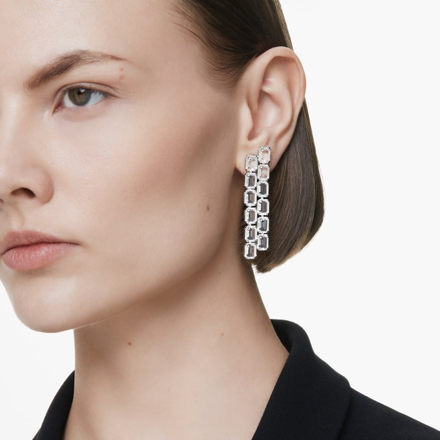 Swarovski Millenia Clip Earrings, Octagon Cut, Long, White, Rhodium Plated -Swarovski