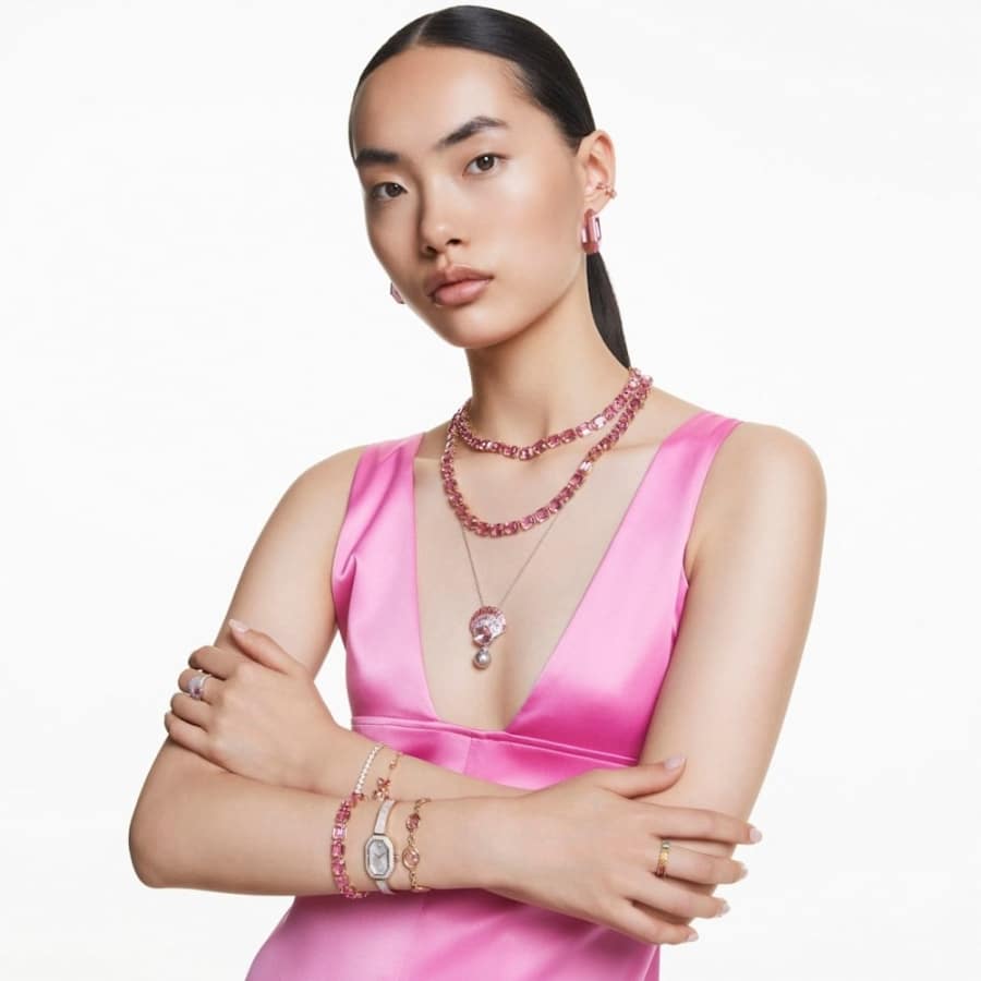 Swarovski Millenia Tennis Necklace Octagon cut, Pink, Gold-Tone Plated -Swarovski