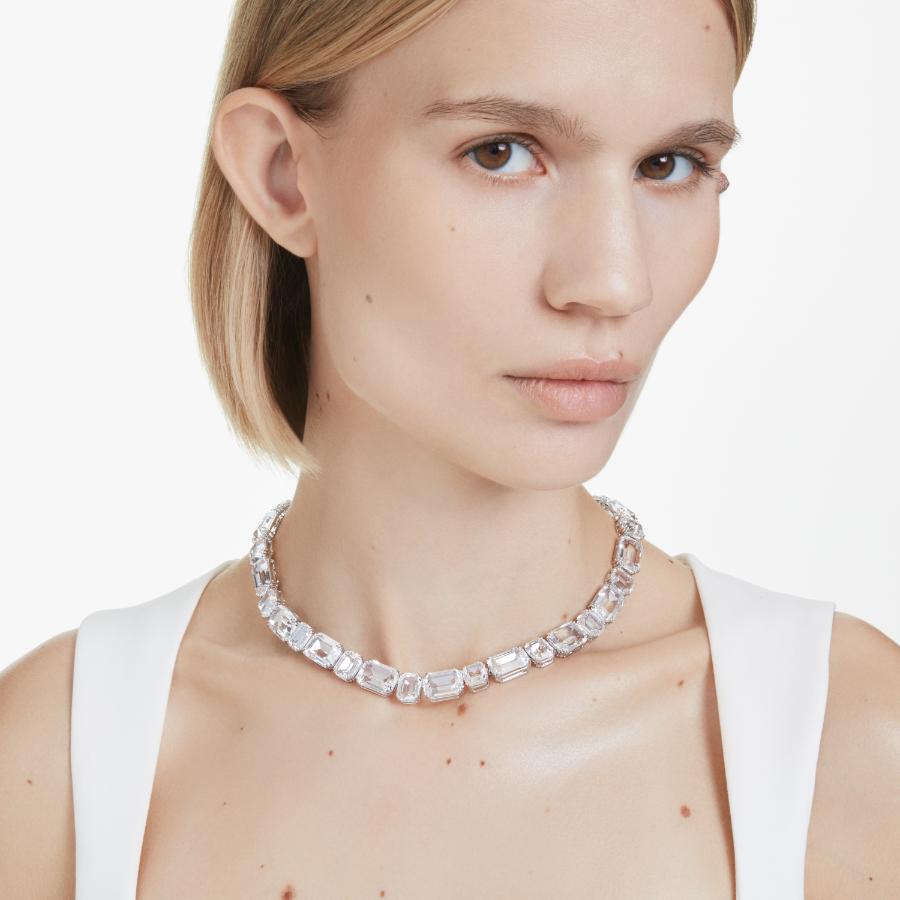 Swarovski Millenia Tennis Necklace, Octagon Cut, White, Rhodium Plated -Swarovski