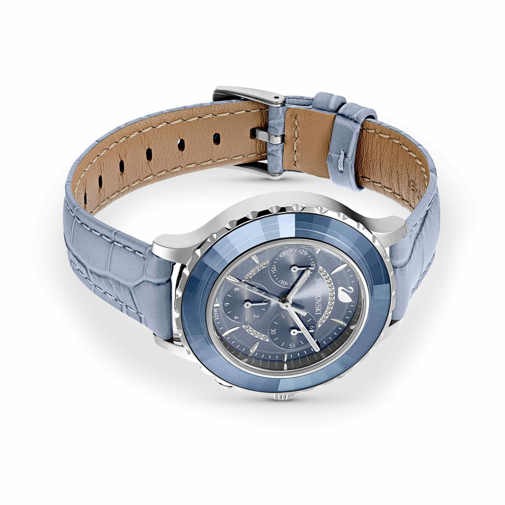 Swarovski Octea lux chrono watch Swiss Made, Leather strap, Blue, Stainless steel -Swarovski