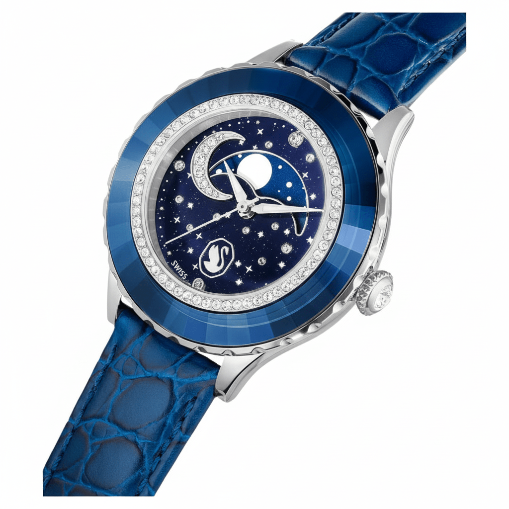 Swarovski Octea Moon Watch, Swiss Made, Moon, Leather Strap, Blue finish -Swarovski