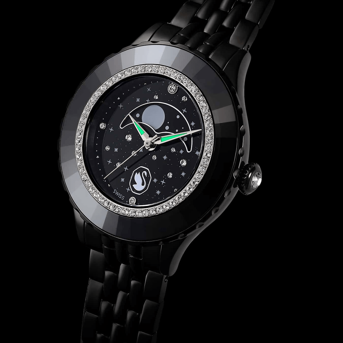 Swarovski Octea Moon Watch, Swiss Made, Moon, Metal Bracelet, Black Finish -Swarovski