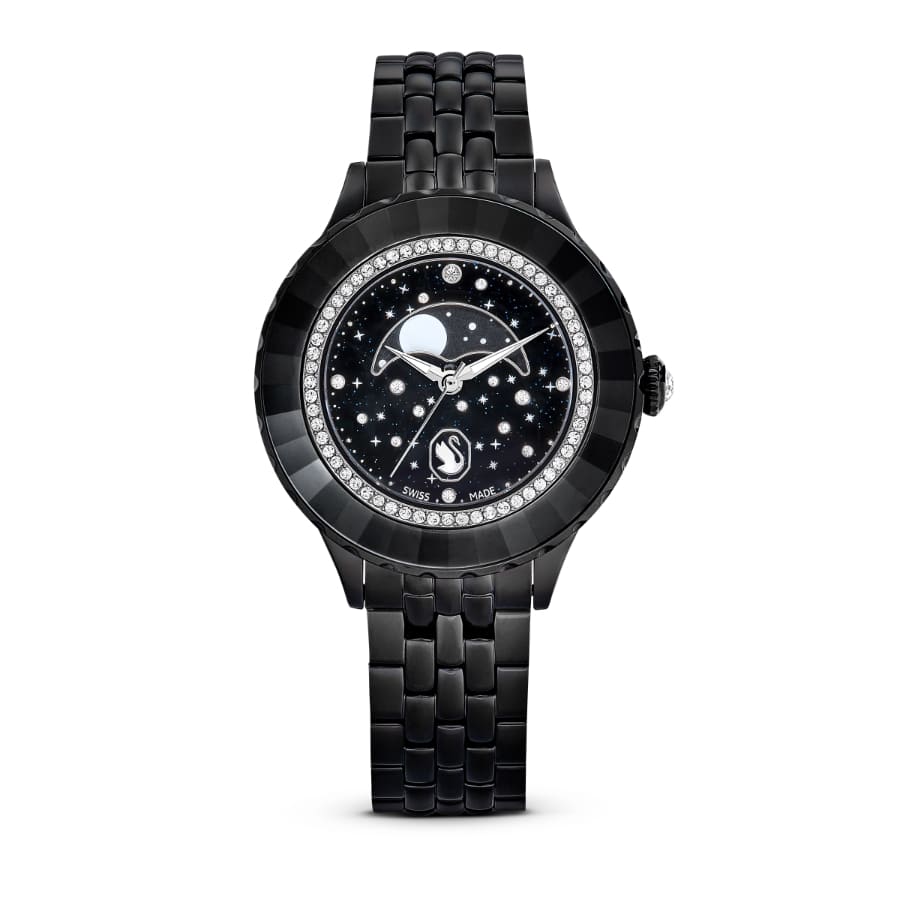 Swarovski Octea Moon Watch, Swiss Made, Moon, Metal Bracelet, Black Finish -Swarovski