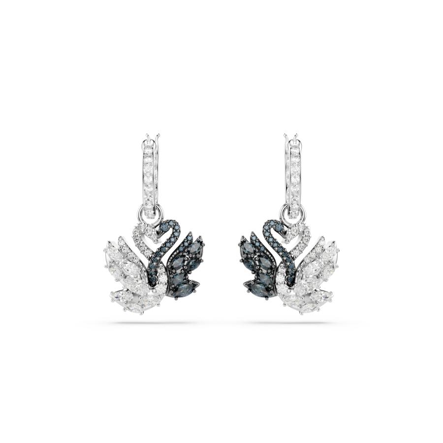 Swarovski Swan Drop Earrings, Swan, Black, Rhodium Plated -Swarovski