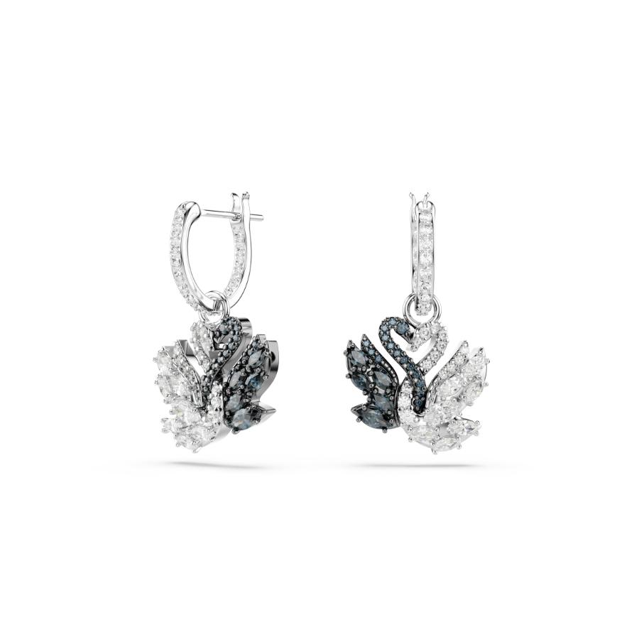 Swarovski Swan Drop Earrings, Swan, Black, Rhodium Plated -Swarovski