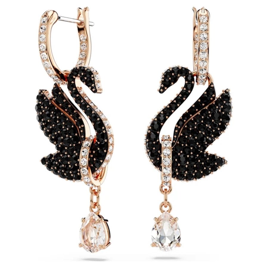 Swarovski Swan Drop Earrings Swan Black Rose gold-tone plated -Swarovski